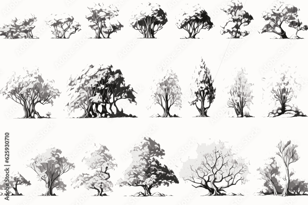 Fototapeta premium tree, silhouette, vector, nature, leaf, forest, illustration, black, branch, trees, palm, pine, plant, art, set, oak, design, outline, wood, drawing, leaves, birch, icon, autumn, collection