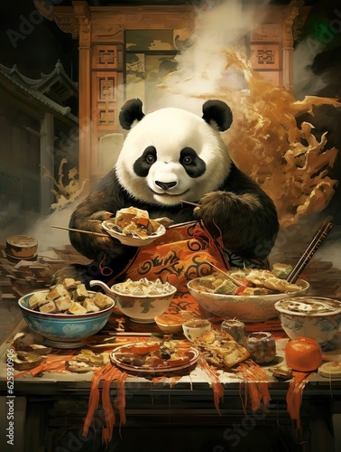 An illustration panda bear sits and eat in front of a display of food