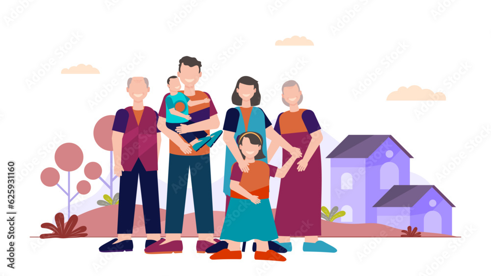 Happy big family standing together flat vector illustration. Grandma, grandpa, mom, dad, and children. Smiling cartoon characters gathering in group.