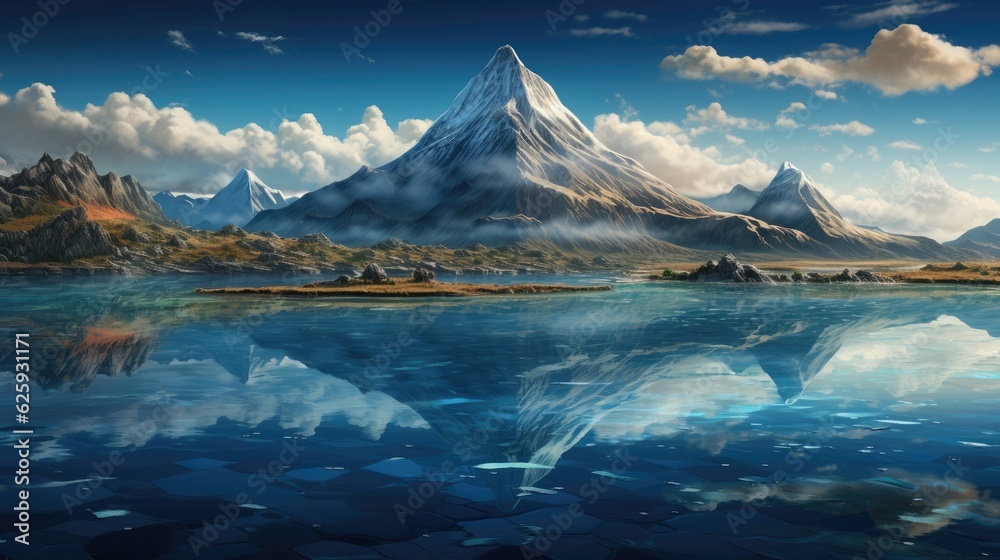 The lake perfectly mirrors the mountain range. (Generative AI)