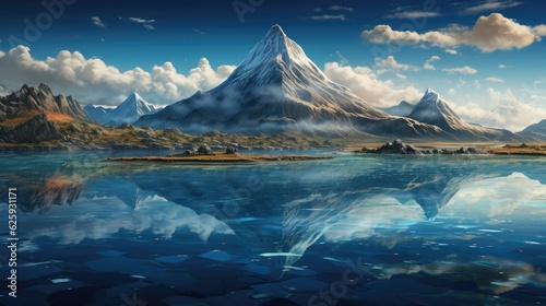 The lake perfectly mirrors the mountain range. (Generative AI) © HandmadePictures