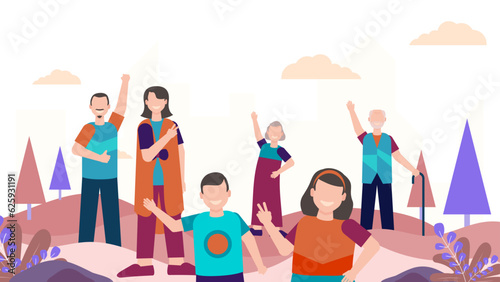 Big family meeting. Couple with senior parents and two kids standing together at. Vector illustration for love, togetherness, lifestyle concept