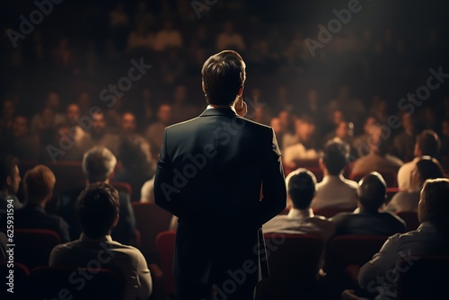 Man giving speech on the stage in front of audience with full confidence. Backview of man presenting his idea in front audience cinematic shot.