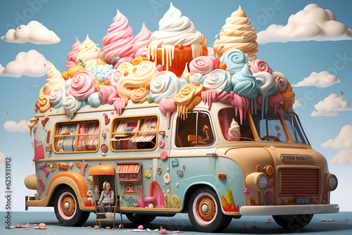 Van and several cones with scoops of ice cream and desserts on the roof. generated by AI