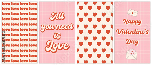 Groovy Valentines day poster. Happy Valentines day backgrounds in trendy retro 60s, 70s style. Love groovy postcard.Vector illustration