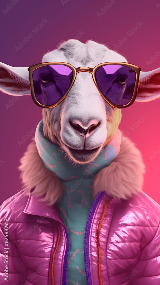 Hyper realistic portrait of cute goat NFT, wearing fashionable sunglasses. Neon pink concept