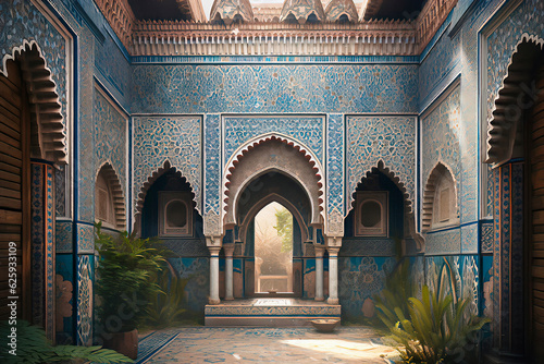 Moroccan Courtyard Oasis with Lush Greenery and Exquisite Blue and White Tiles