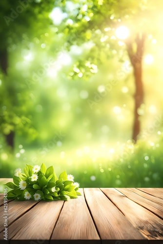 Beautiful spring background with green lush young foliage and an empty wooden table outdoors. Natural template with bokeh beauty and sunshine  Generative AI