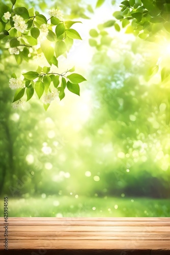 Beautiful spring background with green lush young foliage and an empty wooden table outdoors. Natural template with bokeh beauty and sunshine, Generative AI