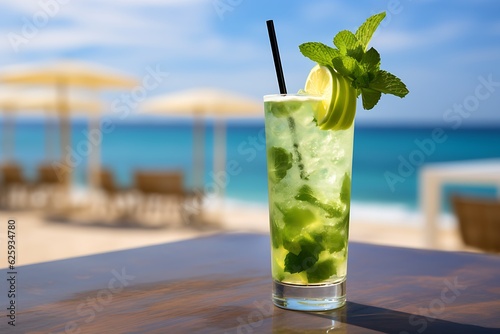 A delicious, refreshing Mojito cocktail from the beach bar with sea, beach and umbrellas in the background. Daytime. Generative AI.