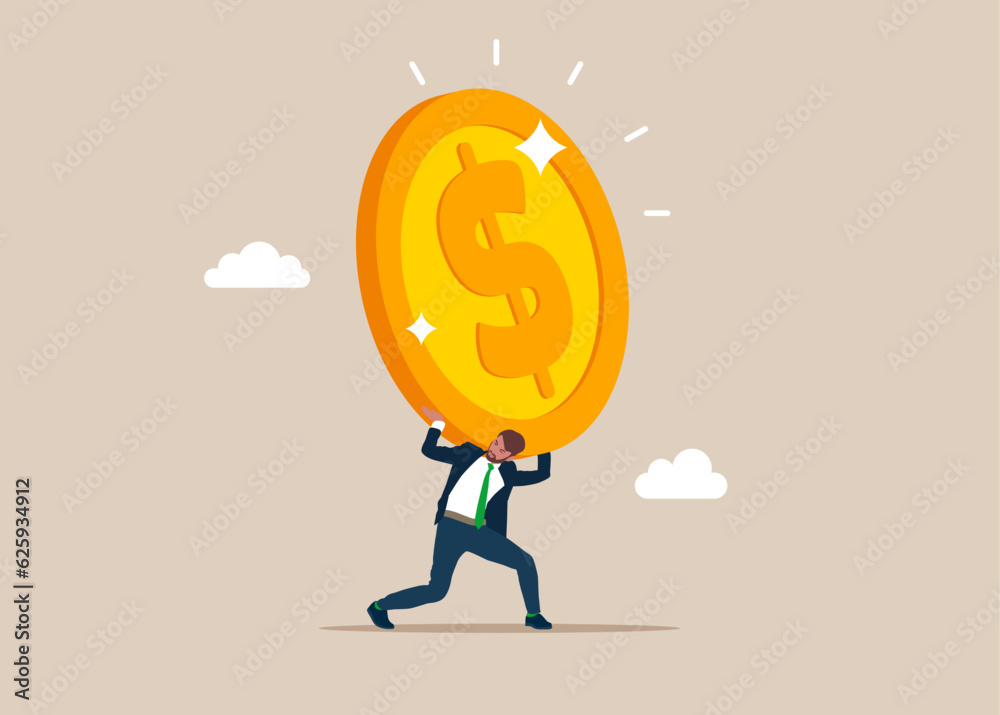 Businessman carrying huge with dollar coin. Vector illustration Businessman carrying huge with dollar coin. Vector illustration