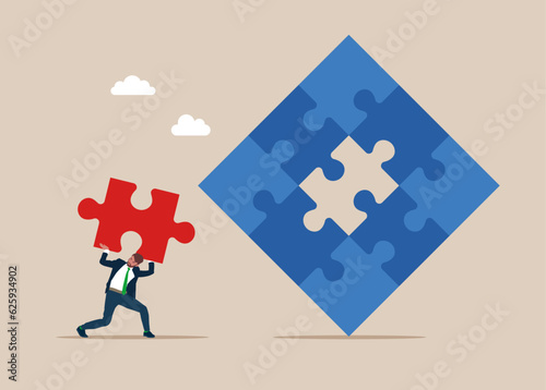 Businessman carrying huge puzzle. Teamwork, partnership and solution concept. Vector illustration.