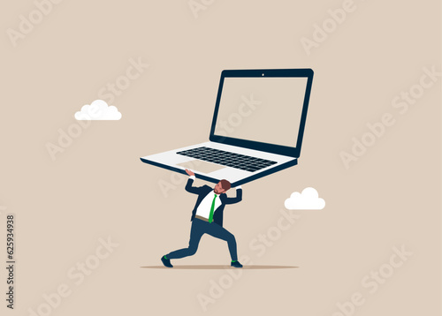 Businessman carrying huge with computer. Frustrated computer user. Office life makes him crazy. Flat vector illustration