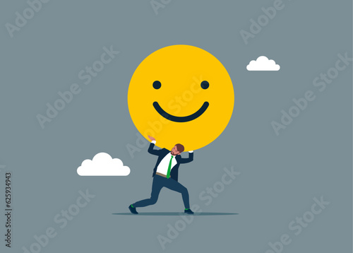 Businessman carrying huge with funny and positive emoticon. Work motivation. Employee happiness, job satisfaction, company benefit, positive attitude. Vector illustration 