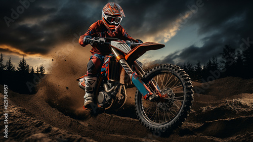 Motocross, enduro rider accelerating in dirt track with debris flying away Generative AI