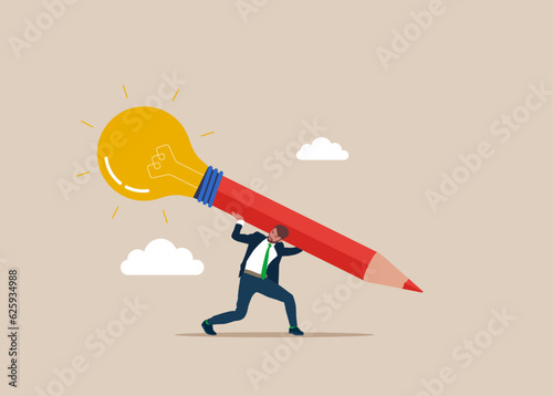 Businessman carrying huge with Yellow shining light bulb combined with red graphite pencil. Idea, creativity, inspiration.  Vector illustration