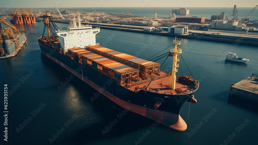 Obraz premium Industrial port in the field of import-export global business logistics and transportation, Loading and unloading container ships, cargo transportation from a bird's eye view. Generative AI