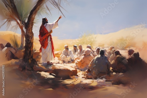 Digital painting of Jesus preaching to a crowd of followers