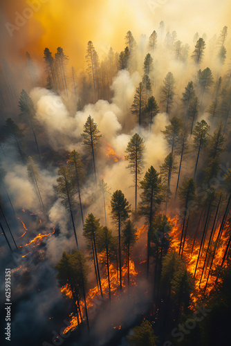 Papier peint Summer Inferno - Aerial View of Smoke-Filled Burning Forest