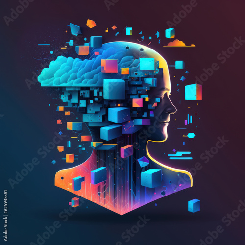 Abstract illustration machine learning reaction and artificial intelligence. Big data block chain system. Chat bot software network. Neuralink with smart brain