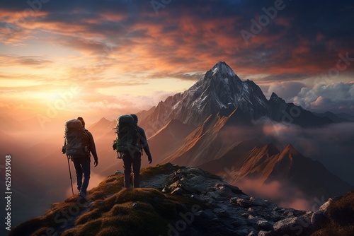 Photograph of people hiking in majestic mountains at dawn, Generative AI © Nino43