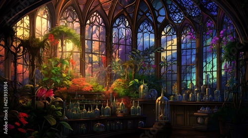 a room with many windows and flowers