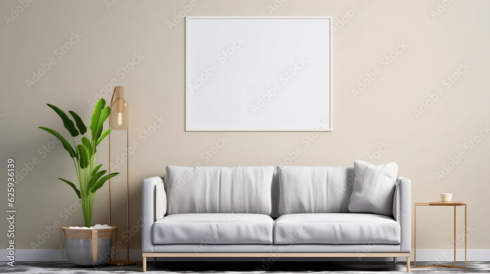 Interior of living room with white sofa and mock up poster. 3d render