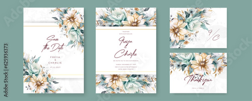 Elegant watercolor texture in flower, leaf, gold line. Spring floral design illustration for wedding and vip cover template, banner, invite. Luxury wedding invitation card background vector.