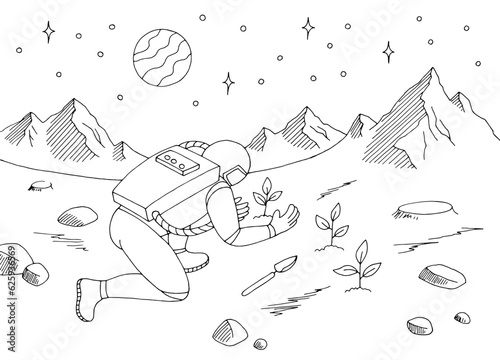 Astronaut planting plant on alien planet graphic black white space landscape sketch illustration vector