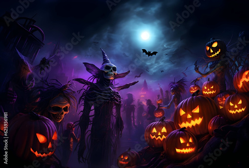 Photo Halloween party background  with evil pumpkins for halloween day. Ai generated