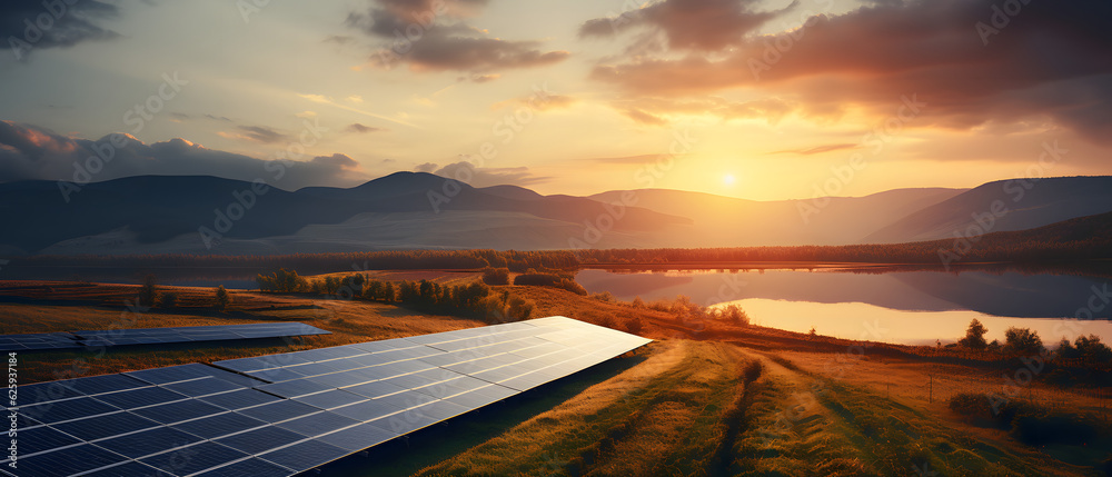 Sonnenkollektoren auf der Wiese bei Sonnenuntergang. Konzept für erneuerbare Energien  Generative Ai