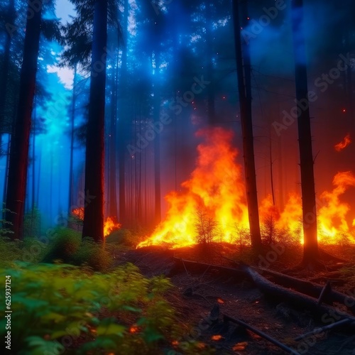 Fire in the forest. High fire risk due to global warming