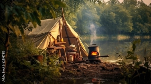 Tourists set up a camping camp on the bank of the river. Resting on the lake by the campfire. © Hryhor Denys