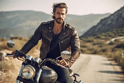 Canvas Print Handsome biker in leather jacket sitting on his motorcycle.