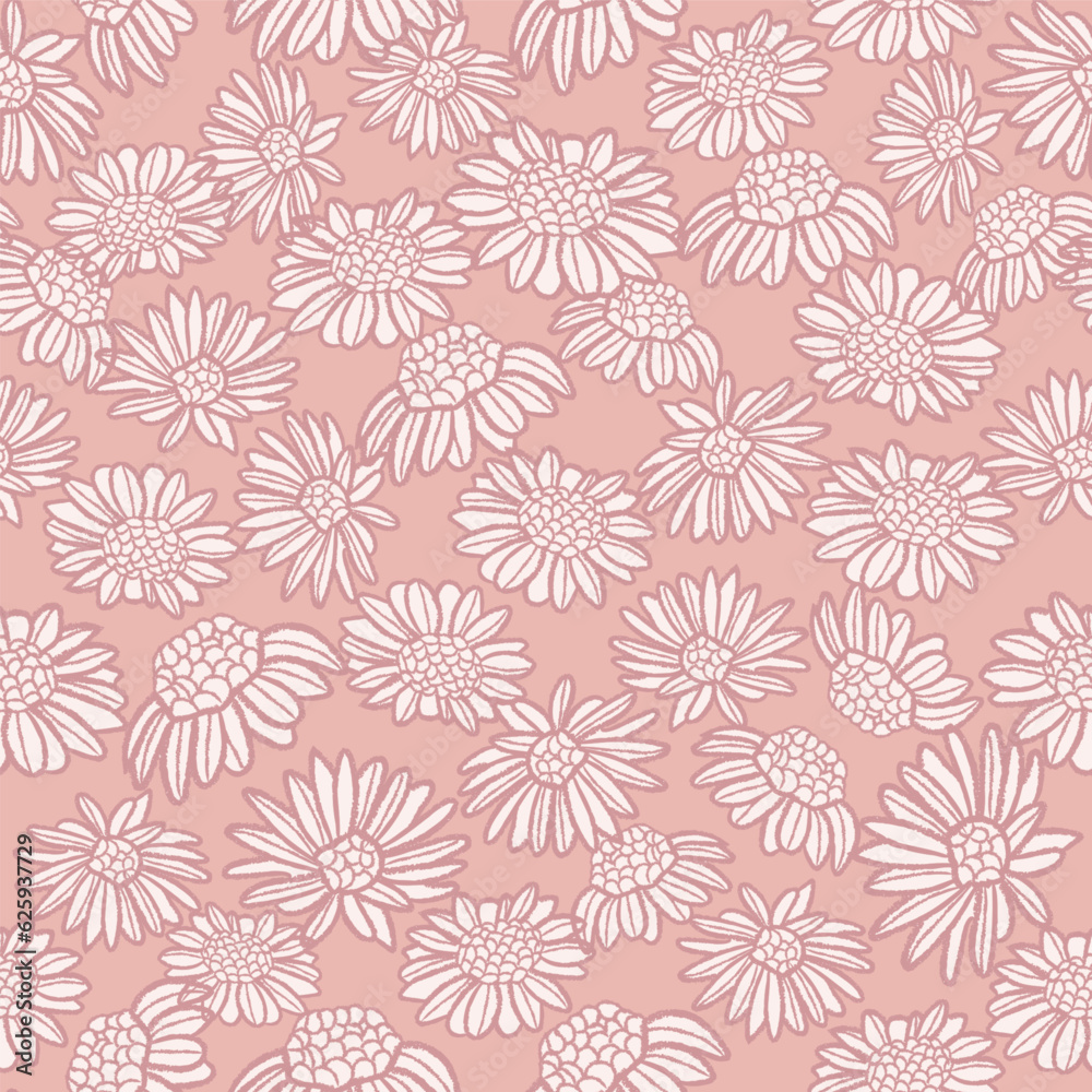 Vector pink linear flower daisies seamless pattern