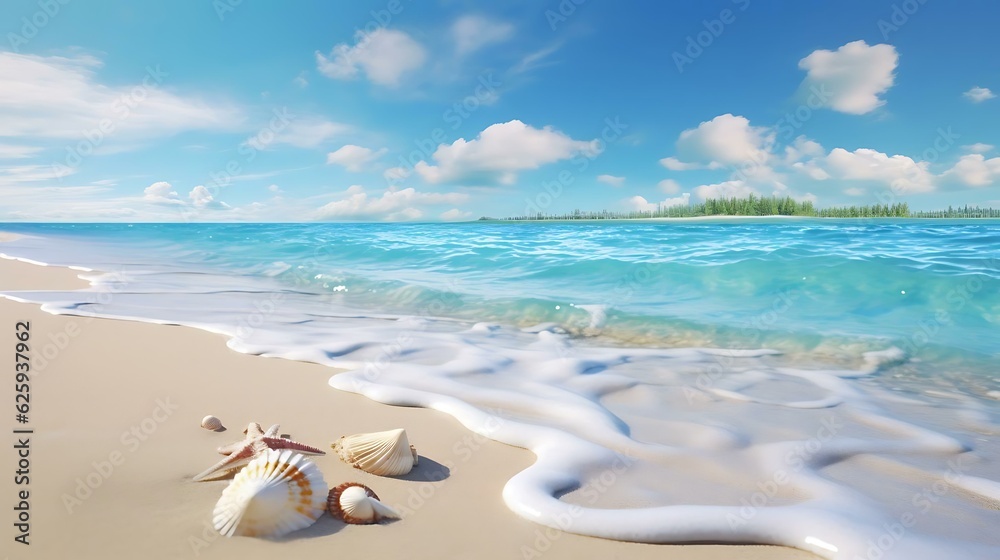 a beach with a couple of shells and a blue sky