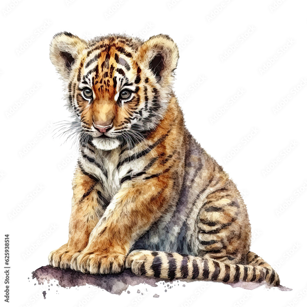 Baby Tiger Watercolor Art, Generative AI