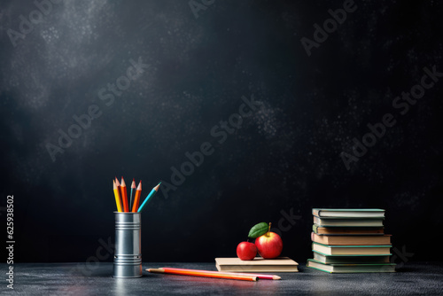 books, apple, pencils on a wooden desk on a school blackboard background, Generative AI