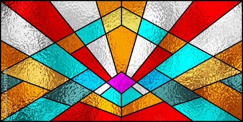 Stained glass window. Abstract colorful stained-glass background. Art Deco geometric decor for interior. Vintage pattern. Luxury modern interior. Transparency. Multicolor template for design interior.