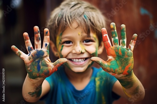 Child toddler boy got hands dirty in colorful paint. Boy is smiling to the camera. 