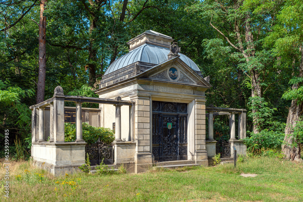 Mausoleum and family grave of Gustav Langenscheidt, a famous publisher in Berlin. The tomb is situated in the southwest churchyard Stahnsdorf, a woodland cemetery in the south of Berlin Mausoleum and family grave of Gustav Langenscheidt, a famous publisher in Berlin. The tomb is situated in the southwest churchyard Stahnsdorf, a woodland cemetery in the south of Berlin