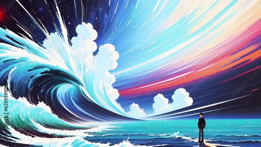 Bright painting animation of world transformation. Beautiful colorful sky, swirling clouds, wavy ocean and mountains. Abstract AI generated animation with image metamorphose.
