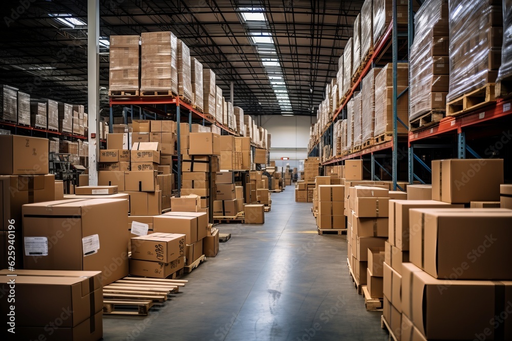 Warehouse Aisle With Racks Of Cardboard Box, Generative AI Warehouse Aisle With Racks Of Cardboard Box, Generative AI