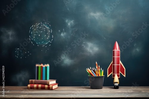 school items on a wooden table on a chalkboard background, Generative AI