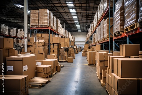 Warehouse Aisle With Racks Of Cardboard Box, Generative AI
