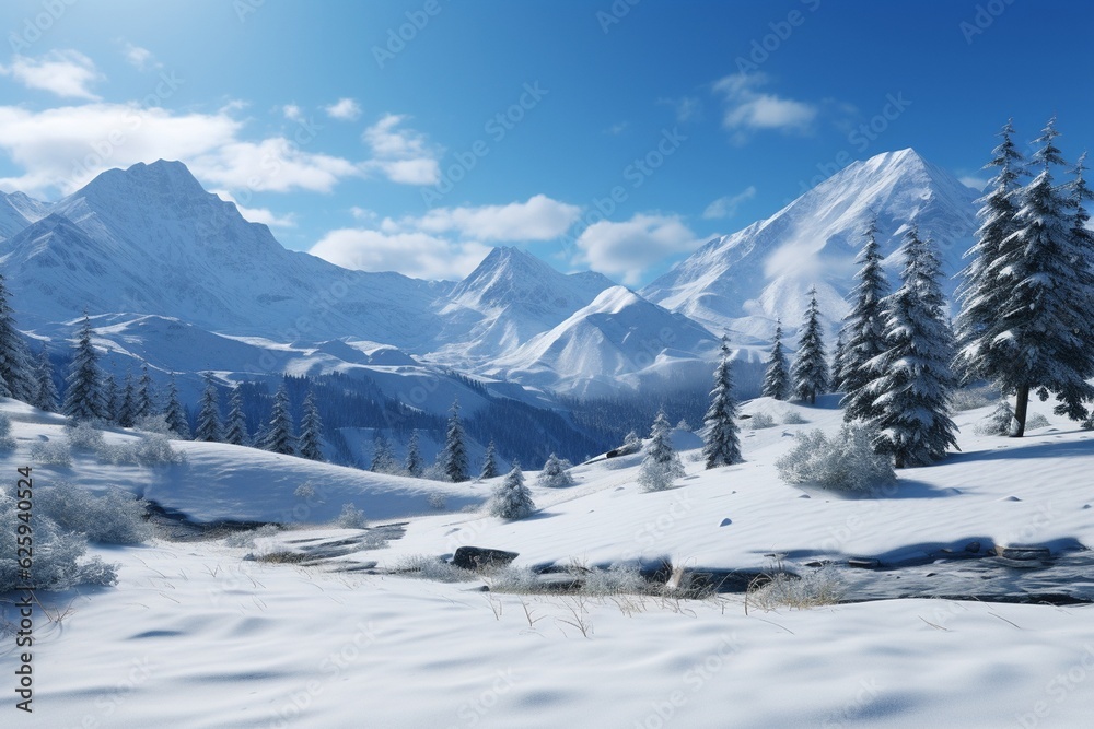 Photography of mountain landscapes with fresh snow and blue sky, Generative AI