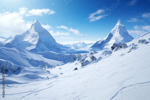 Photography of mountain landscapes with fresh snow and blue sky  Generative AI