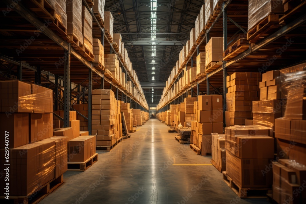 Warehouse With Pallets Of Cardboard Boxes, Generative AI Warehouse With Pallets Of Cardboard Boxes, Generative AI