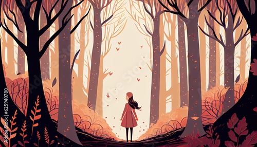 Little girl in the dreamlike autumn park. Generative AI