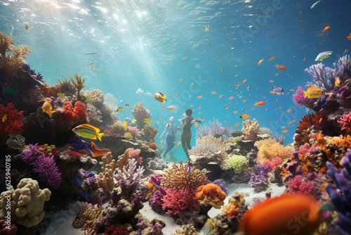 Photograph of people snorkeling in colorful coral reefs, Generative AI © Nino43